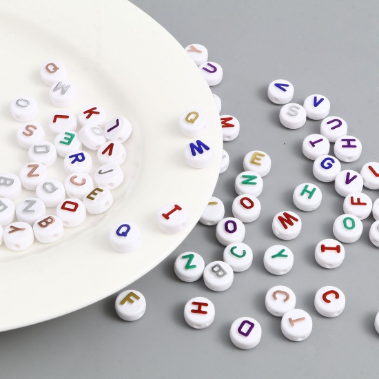 Picture of Acrylic Beads Round Multicolor I=nitial Alphabet/ Capital Letter Pattern 200 PCs