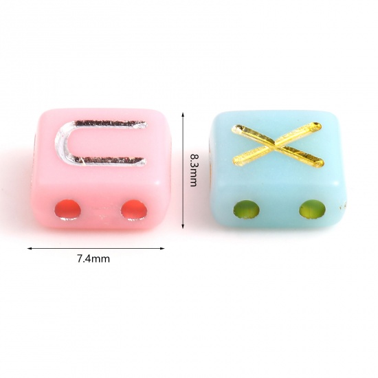 Picture of Acrylic Beads Two Holes Square At Random Color Initial Alphabet/ Capital Letter Pattern 200 PCs