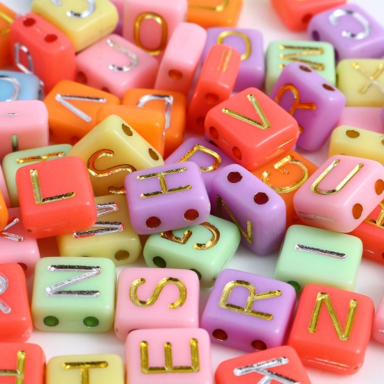 Picture of Acrylic Beads Two Holes Square At Random Color Initial Alphabet/ Capital Letter Pattern 200 PCs