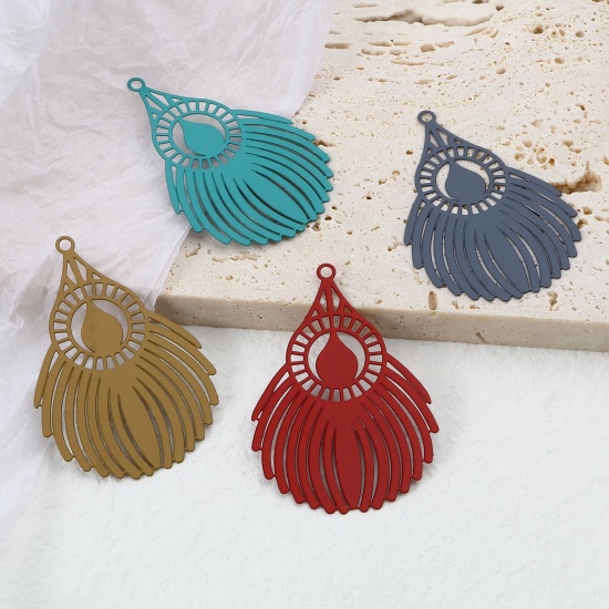 Picture of Iron Based Alloy Filigree Stamping Pendants Fan-shaped Multicolor 4.5cm x 3.1cm, 10 PCs