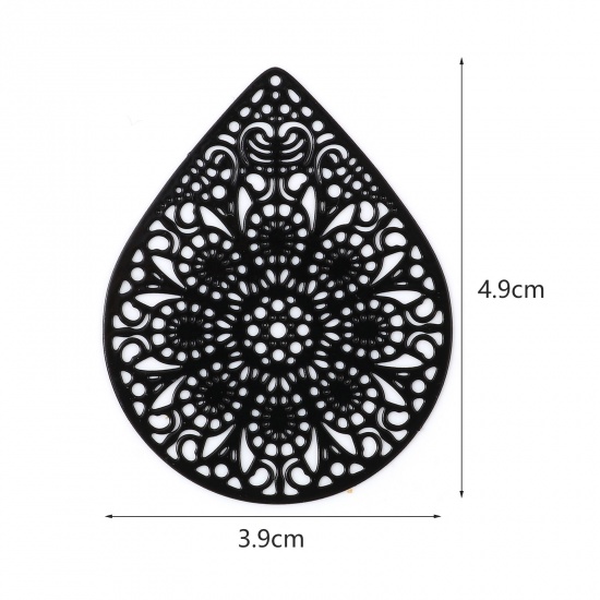 Bild von Eisenlegierung Filigran Stempel Verzierung Anhänger Tropfen Bunt Blumen 4.9cm x 3.9cm, 10 Stück