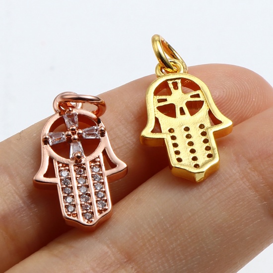 Picture of Brass Religious Charms Gold Plated Multicolor Flower Hamsa Symbol Hand Micro Pave Multicolor Rhinestone 17mm x 11mm, 1 Piece                                                                                                                                  