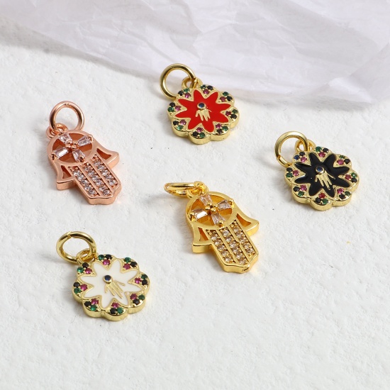 Picture of Brass Religious Charms Gold Plated Multicolor Flower Hamsa Symbol Hand Micro Pave Multicolor Rhinestone 17mm x 11mm, 1 Piece                                                                                                                                  