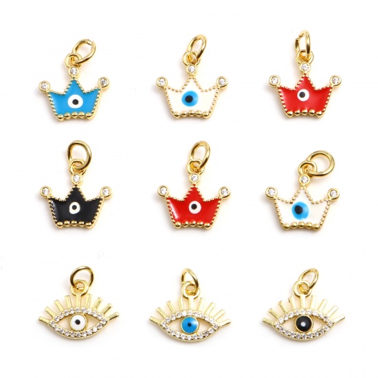 Picture of Brass Religious Charms Gold Plated Multicolor Crown Evil Eye Enamel Clear Rhinestone 17mm x 14mm, 2 PCs                                                                                                                                                       
