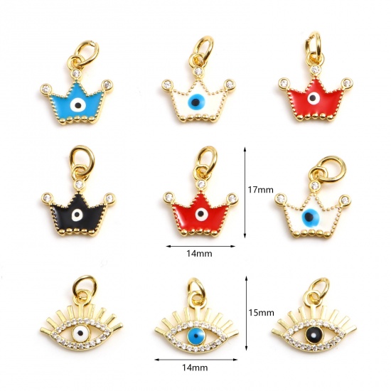 Picture of Brass Religious Charms Gold Plated Multicolor Crown Evil Eye Enamel Clear Rhinestone 17mm x 14mm, 2 PCs                                                                                                                                                       