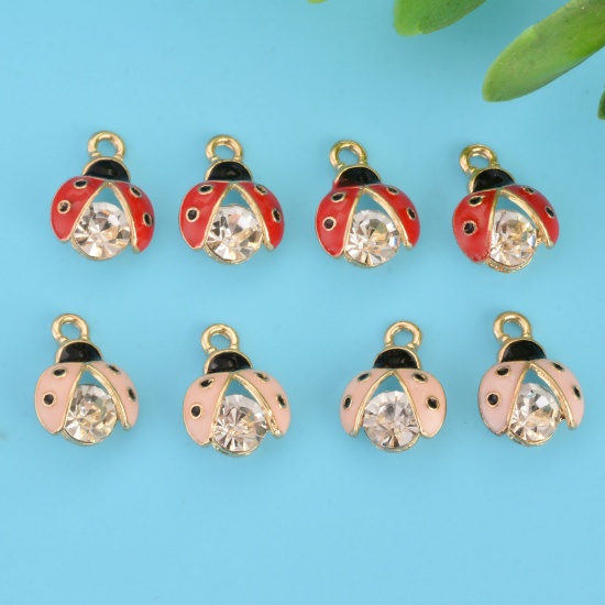 Picture of Zinc Based Alloy Insect Charms Ladybug Animal Gold Plated Red Clear Rhinestone 15mm x 11mm, 10 PCs