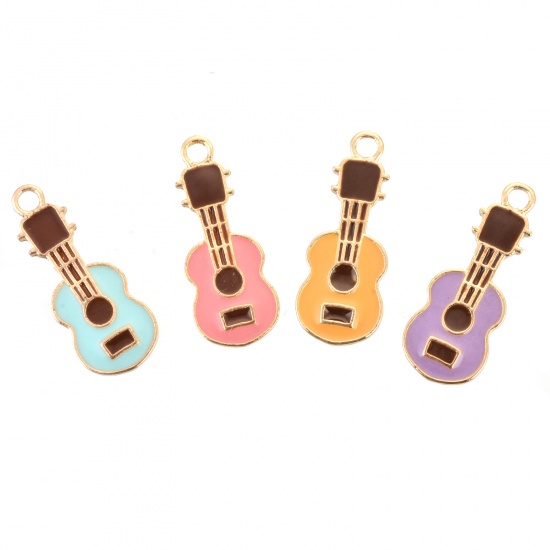 Picture of Zinc Based Alloy Charms Guitar Musical Instrument Gold Plated Yellow Enamel 23mm x 9mm, 10 PCs