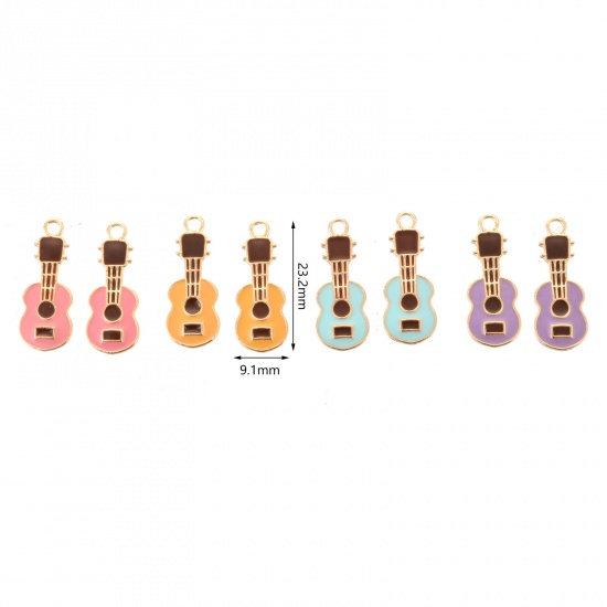 Picture of Zinc Based Alloy Charms Guitar Musical Instrument Gold Plated Yellow Enamel 23mm x 9mm, 10 PCs