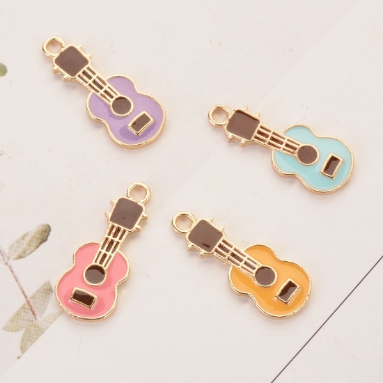 Picture of Zinc Based Alloy Charms Guitar Musical Instrument Gold Plated Yellow Enamel 23mm x 9mm, 10 PCs