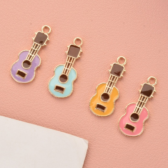 Picture of Zinc Based Alloy Charms Guitar Musical Instrument Gold Plated Yellow Enamel 23mm x 9mm, 10 PCs