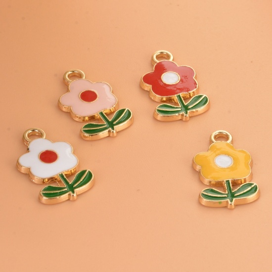 Picture of Zinc Based Alloy Charms Flower Leaves Gold Plated Green & Yellow Enamel 19.5mm x 12mm, 10 PCs