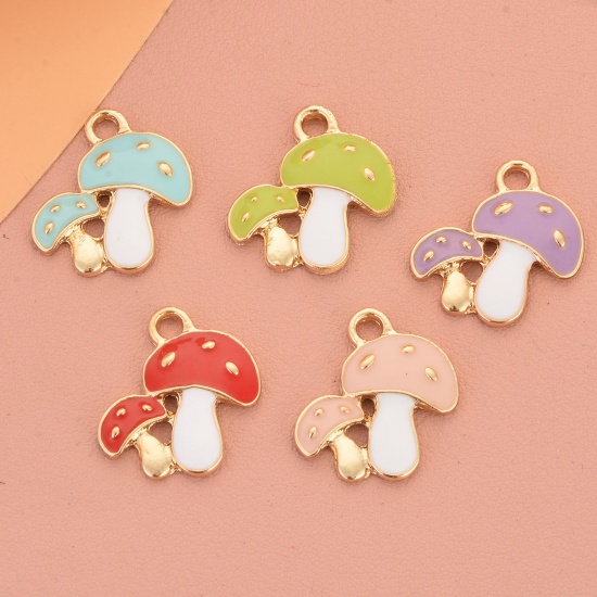 Picture of Zinc Based Alloy Charms Mushroom Gold Plated Blue Enamel 19.6mm x 16mm, 10 PCs