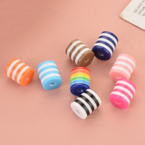 Picture of Resin Spacer Beads Barrel Multicolor Stripe Pattern About 9mm x 8mm, Hole: Approx 2mm, 100 PCs