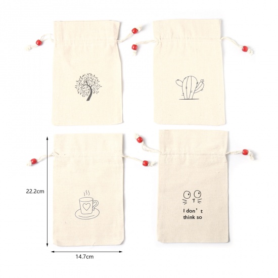 Picture of Cotton & Linen Drawstring Bags Rectangle Beige (Usable Space: Approx 17.2cmx14.7cm) 22.2cm x 14.7cm, 3 PCs