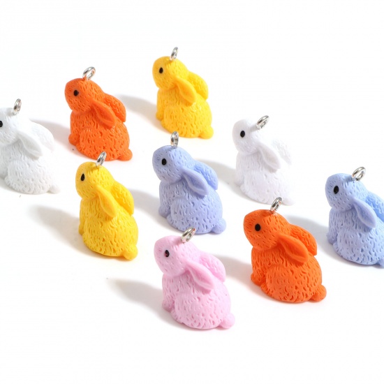 Picture of Resin Charms Rabbit Animal Silver Tone Multicolor 22mm x 21mm, 10 PCs