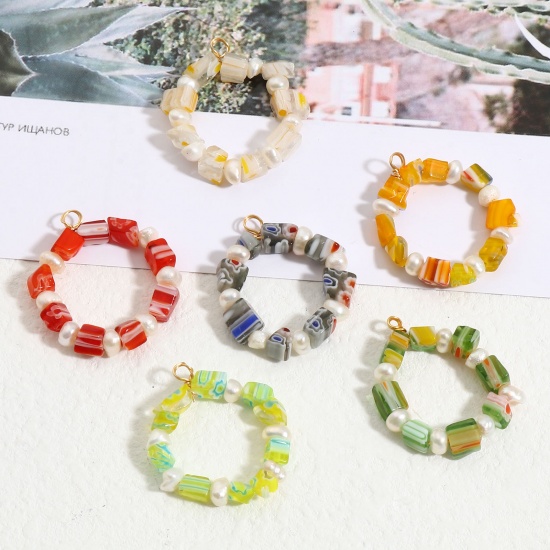 Picture of Lampwork Glass Charms Irregular Gold Plated Multicolor 28mm x 25mm, 1 Piece