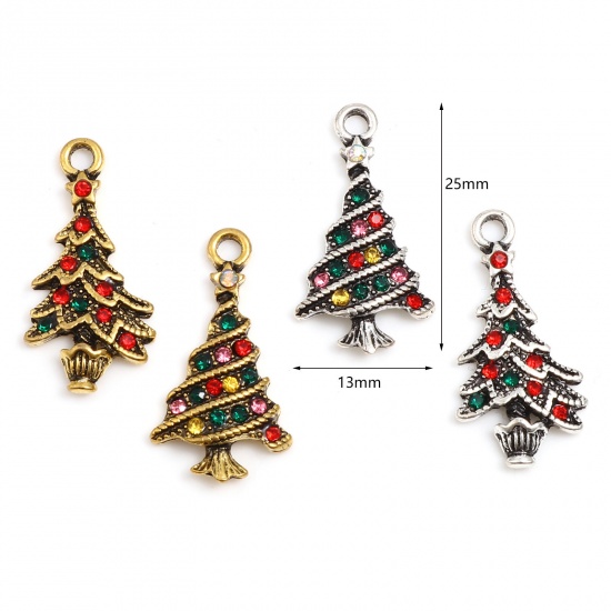 Picture of Zinc Based Alloy Charms Christmas Tree Multicolor Rhinestone 25mm x 13mm, 5 PCs
