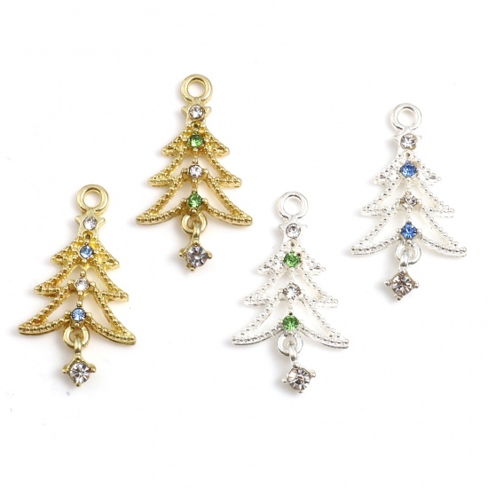 Picture of Zinc Based Alloy Charms Christmas Tree Multicolor Rhinestone 27mm x 15mm, 10 PCs