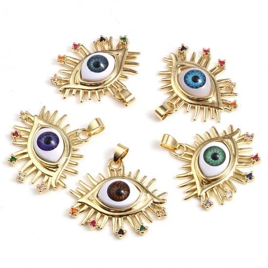 Picture of Brass & Acrylic Religious Pendants Gold Plated Multicolor Evil Eye Multicolour Cubic Zirconia 37mm x 34mm, 1 Piece                                                                                                                                            