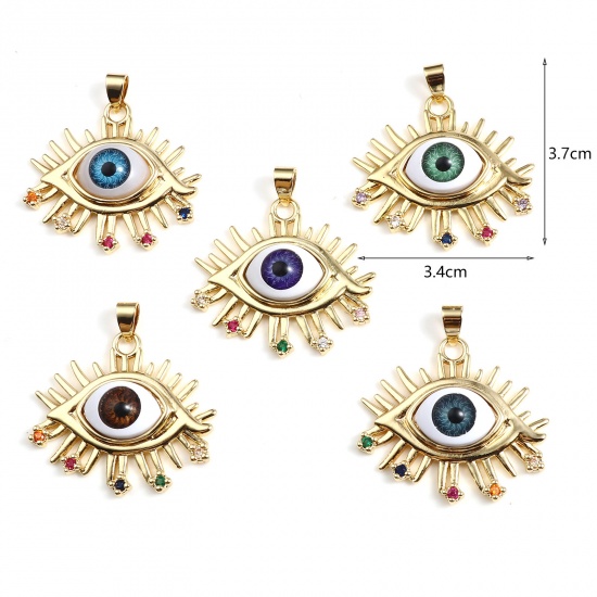 Picture of Brass & Acrylic Religious Pendants Gold Plated Multicolor Evil Eye Multicolour Cubic Zirconia 37mm x 34mm, 1 Piece                                                                                                                                            