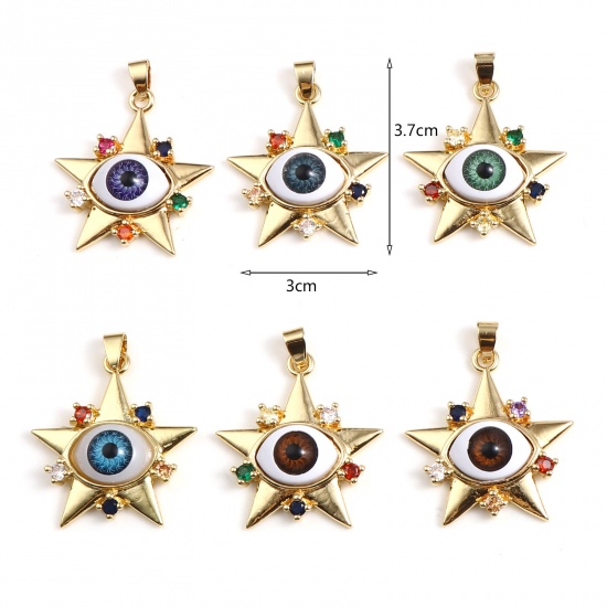 Picture of Brass & Acrylic Religious Pendants Gold Plated Pentagram Star Evil Eye Multicolour Cubic Zirconia 37mm x 30mm, 1 Piece                                                                                                                                        