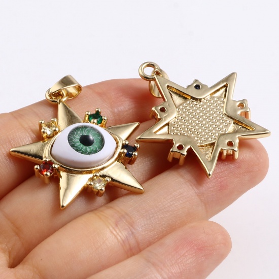 Picture of Brass & Acrylic Religious Pendants Gold Plated Pentagram Star Evil Eye Multicolour Cubic Zirconia 37mm x 30mm, 1 Piece                                                                                                                                        