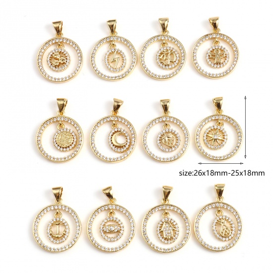 Picture of Brass Micro Pave Charms Gold Plated White Round Micro Pave Clear Cubic Zirconia 26mm x 18mm, 1 Piece                                                                                                                                                          
