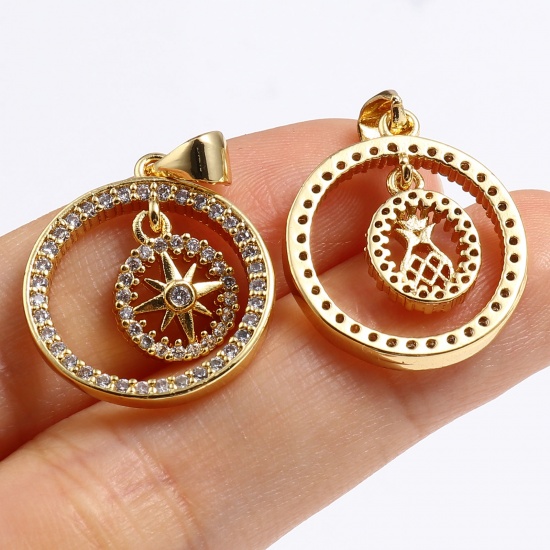 Picture of Brass Micro Pave Charms Gold Plated White Round Micro Pave Clear Cubic Zirconia 26mm x 18mm, 1 Piece                                                                                                                                                          
