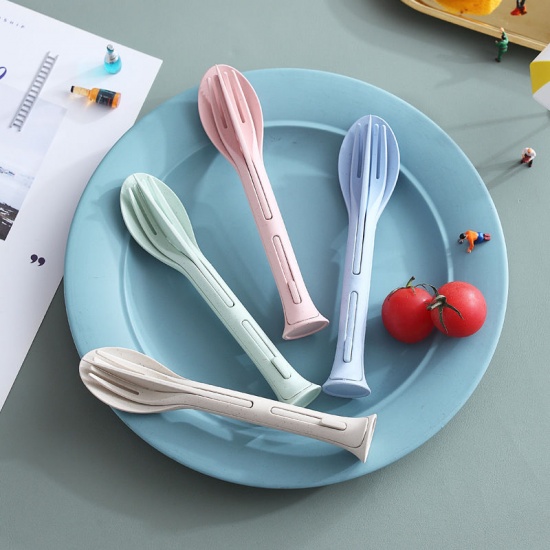 Immagine di Creamy-White - PP & Wheat Straw 3Pcs Combination Portable Dinnerware Flatware Knife Fork Spoon Set For Outdoor Travel 17cm long, 1 Set