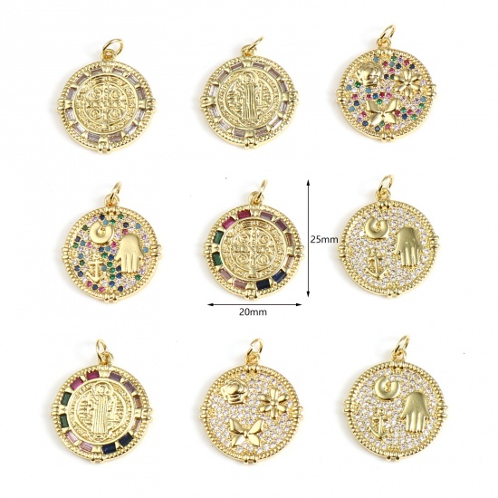 Picture of Brass Religious Charms Gold Plated Round Micro Pave Multicolour Cubic Zirconia 25mm x 20mm, 1 Piece                                                                                                                                                           