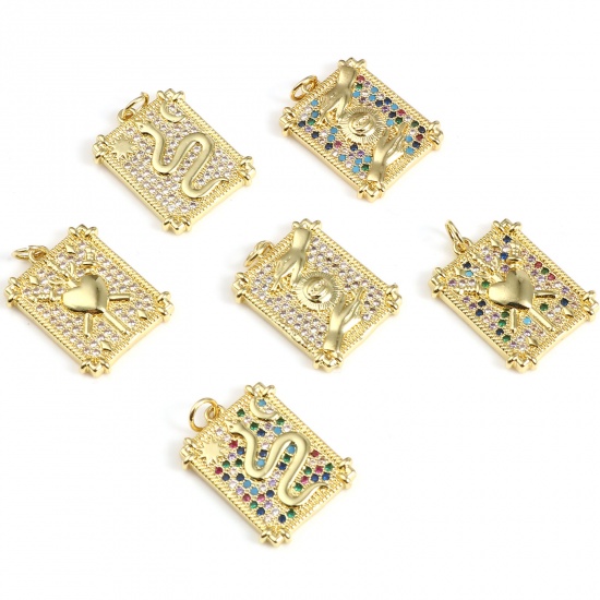 Picture of Brass Micro Pave Charms Gold Plated Rectangle Micro Pave Multicolour Cubic Zirconia 25mm x 17mm, 1 Piece                                                                                                                                                      