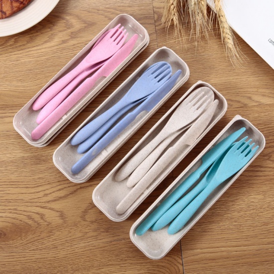 Picture of Green - Wheat Straw 3Pcs Portable Dinnerware Flatware Knife Fork Spoon Set For Outdoor Travel 21x5.5cm, 1 Set