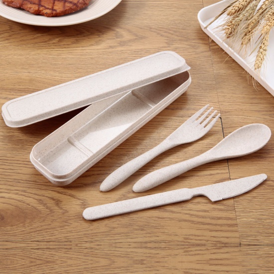 Изображение Green - Wheat Straw 3Pcs Portable Dinnerware Flatware Knife Fork Spoon Set For Outdoor Travel 21x5.5cm, 1 Set