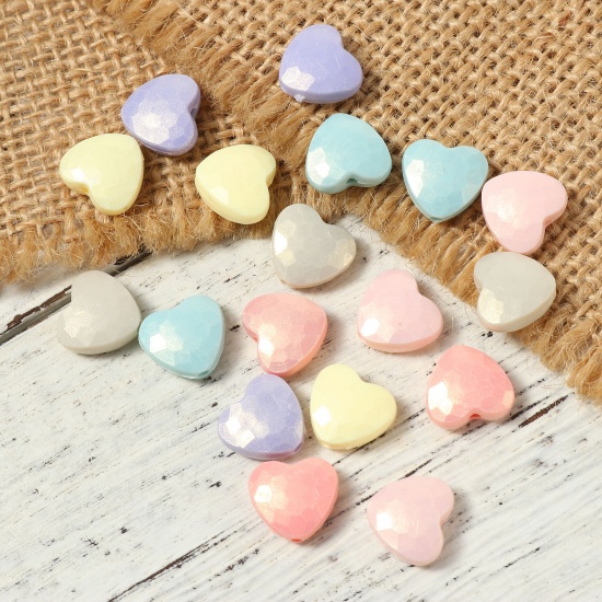 Picture of Resin Valentine's Day Spacer Beads Heart Pink Pearlized Faceted About 11mm x 10mm, Hole: Approx 1.6mm, 50 PCs