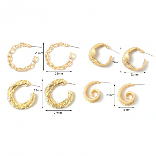 Immagine di Lega di Zinco orecchino cerchio Tappi di Orecchini forma di C Oro Opaco Squama Disegno 28mm x 27mm, Diametro Filo: (21 misura), 2 Pz