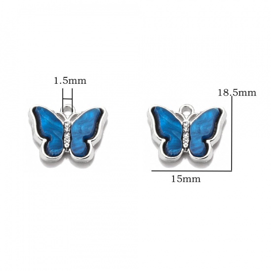 亜鉛合金 昆虫 チャーム 蝶 シルバートーン 青 透明ラインストーン 19mm x 15mm、 1 パック ( 10 個パック) の画像