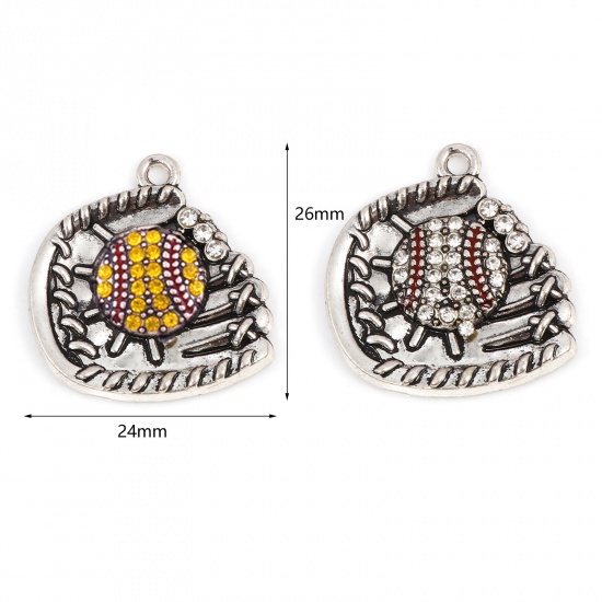 Picture of Zinc Based Alloy Sport Charms Baseball Antique Silver Color Red Glove Enamel Clear Rhinestone 26mm x 24mm, 1 Piece