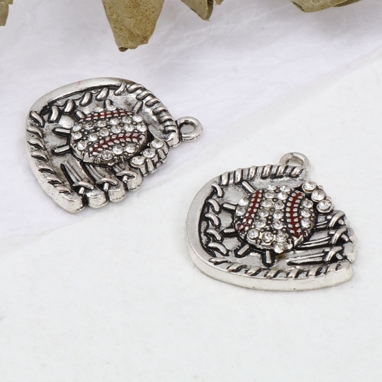 Picture of Zinc Based Alloy Sport Charms Baseball Antique Silver Color Red Glove Enamel Clear Rhinestone 26mm x 24mm, 1 Piece