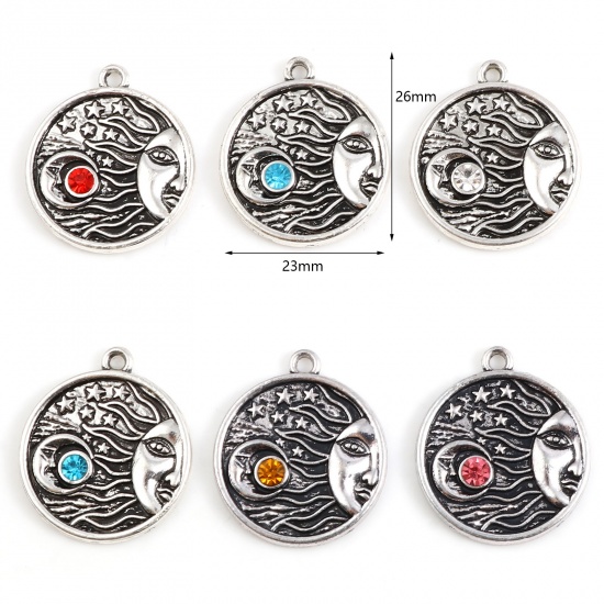 Picture of Zinc Based Alloy Galaxy Charms Round Antique Silver Color Sun Face Yellow Rhinestone 26mm x 23mm, 1 Piece