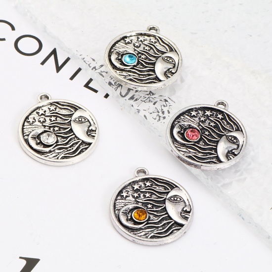 Picture of Zinc Based Alloy Galaxy Charms Round Antique Silver Color Sun Face Yellow Rhinestone 26mm x 23mm, 1 Piece