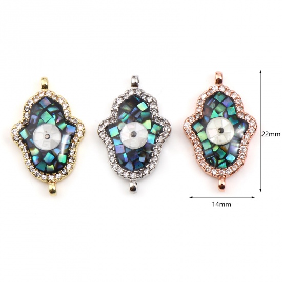Picture of Shell & Copper Religious Connectors Hamsa Symbol Hand Gold Plated Multicolor Evil Eye Micro Pave Clear Cubic Zirconia 22mm x 14mm, 1 Piece