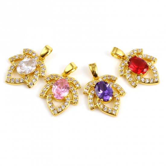 Image de 1 Pièce Pendentif Breloque Micro Pave en Laiton Doré Feuille à Strass Transparent à Zircone Cubique Multicolore 22mm x 14mm