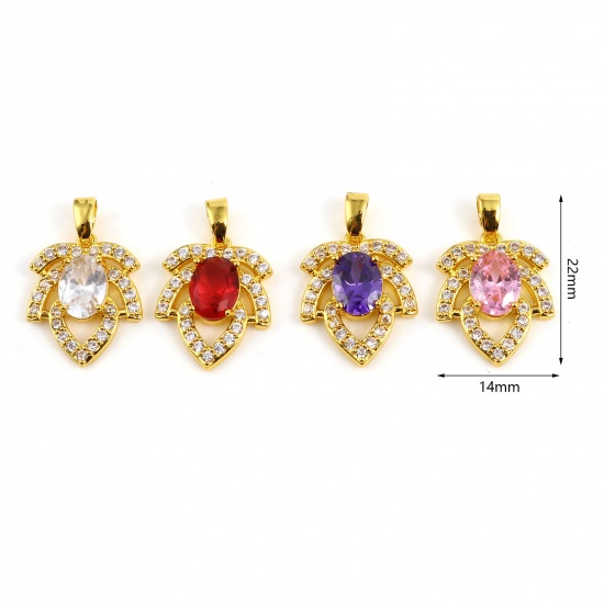 Image de 1 Pièce Pendentif Breloque Micro Pave en Laiton Doré Feuille à Strass Transparent à Zircone Cubique Multicolore 22mm x 14mm