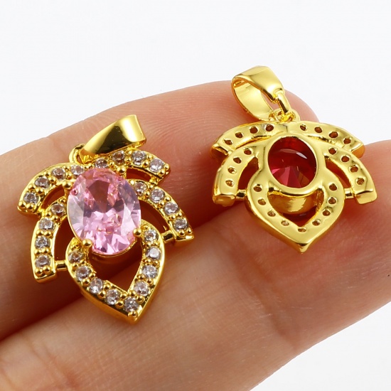 Image de 1 Pièce Pendentif Breloque Micro Pave en Laiton Doré Feuille à Strass Transparent à Zircone Cubique Multicolore 22mm x 14mm