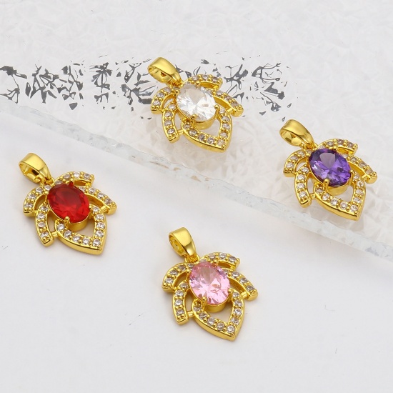 Image de 1 Pièce Pendentif Breloque Micro Pave en Laiton Doré Feuille à Strass Transparent à Zircone Cubique Multicolore 22mm x 14mm