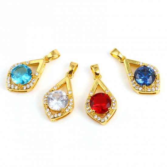 Imagen de 1 Unidad Latón Micro Pave Colgantes Charms Chapado en Oro Gota Transparente Rhinestone Multicolor Circón Artificial 25mm x 12mm
