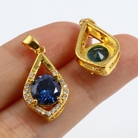 Imagen de 1 Unidad Latón Micro Pave Colgantes Charms Chapado en Oro Gota Transparente Rhinestone Multicolor Circón Artificial 25mm x 12mm