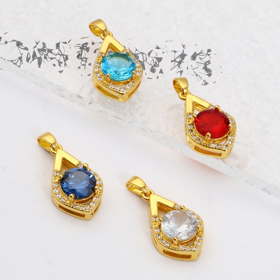 Imagen de 1 Unidad Latón Micro Pave Colgantes Charms Chapado en Oro Gota Transparente Rhinestone Multicolor Circón Artificial 25mm x 12mm