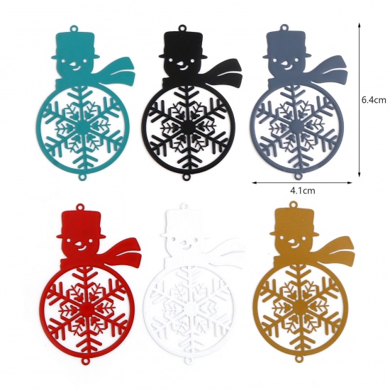 Picture of Brass Filigree Stamping Connectors Christmas Snowman Multicolor Snowflake Painted 6.2cm x 4.1cm, 5 PCs                                                                                                                                                        