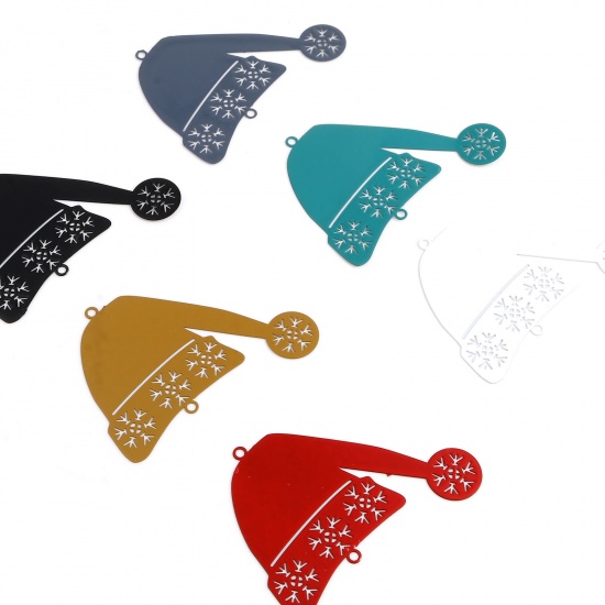Imagen de Latón Filigrana Estampación Conectores Sombreros de la Navidad Multicolor Copos de Nieve Pintura 5.2cm x 4.5cm, 5 Unidades                                                                                                                                    